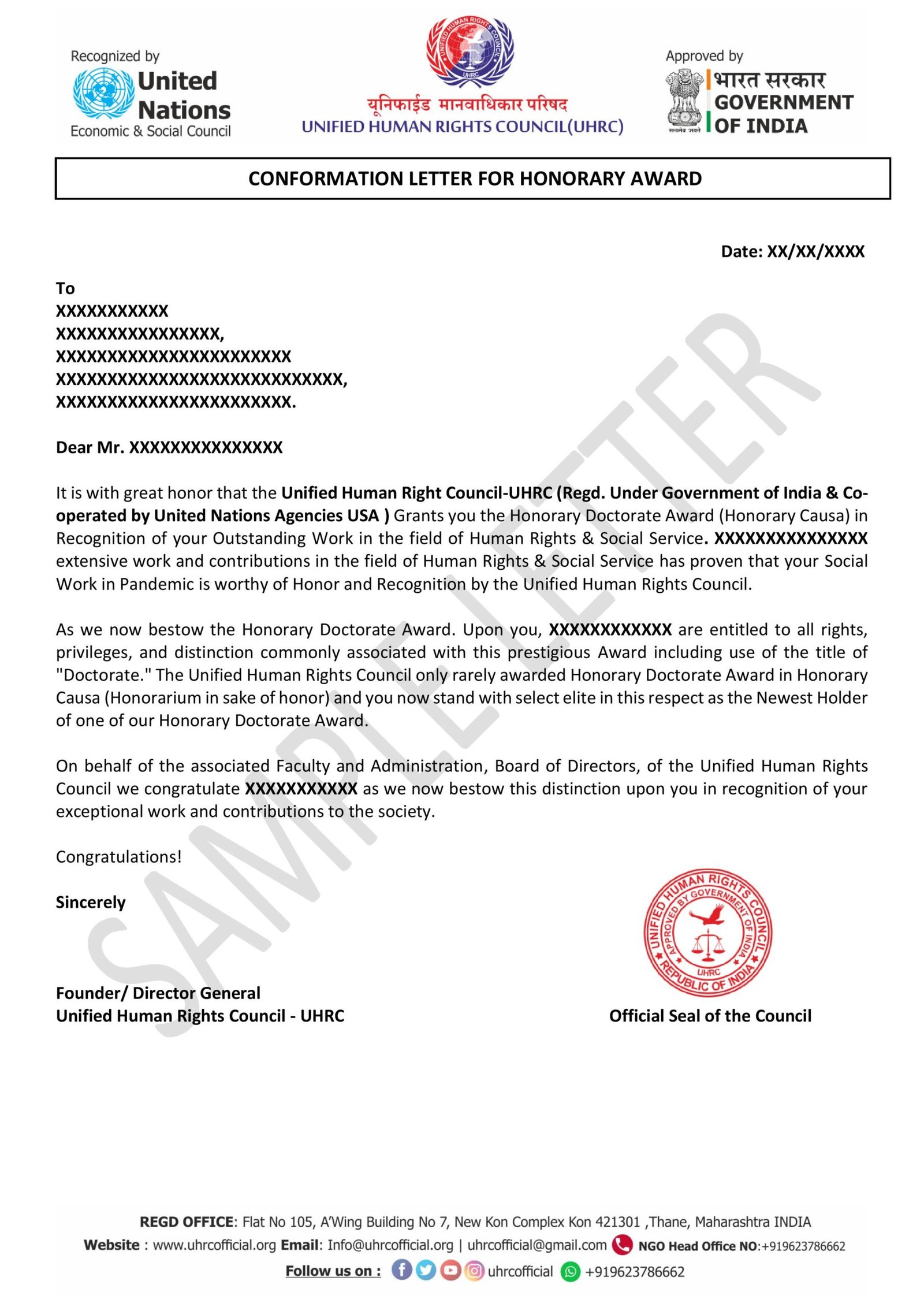 Award Conformation letter Sample