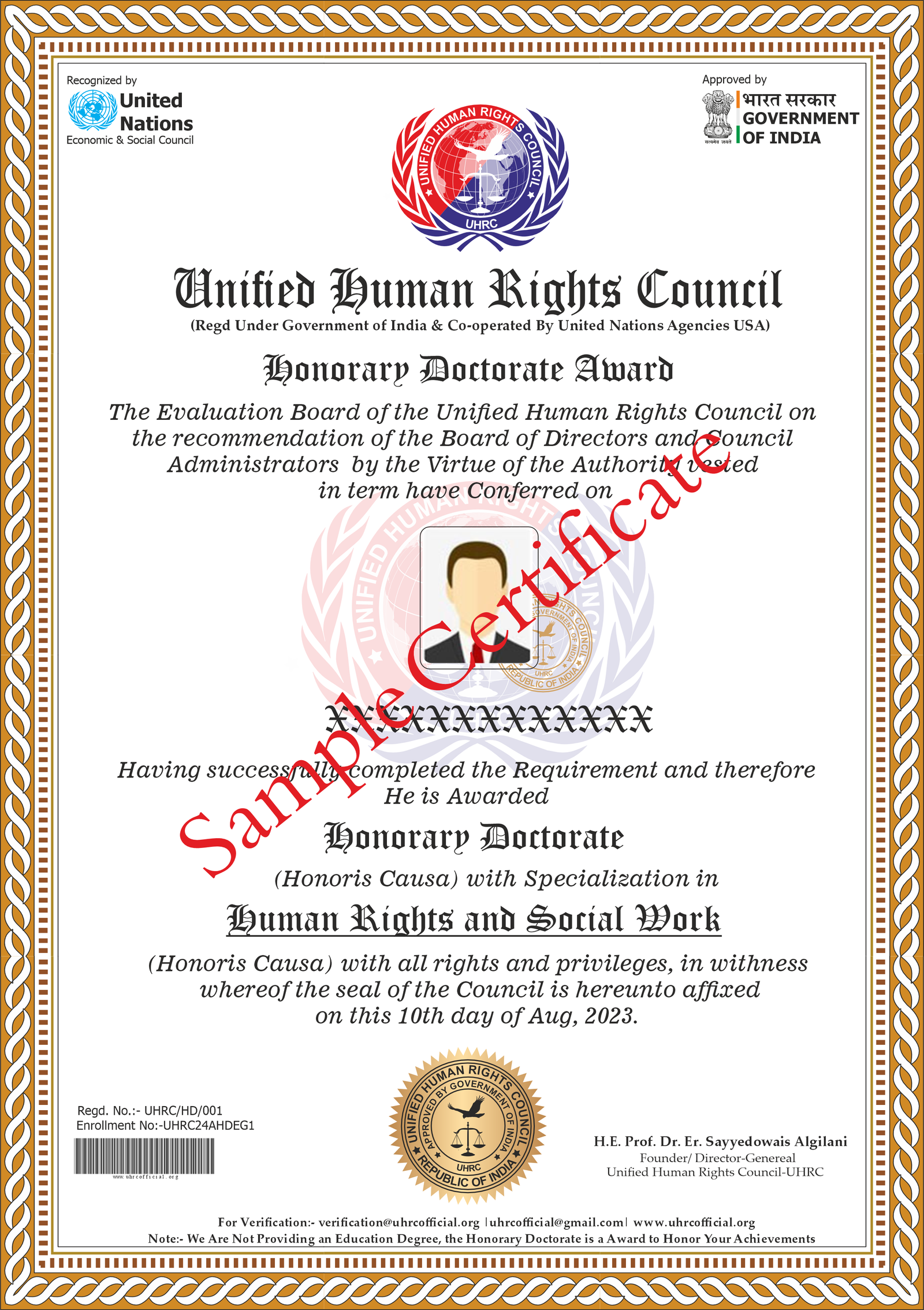 Honorary Dr Award Sample Certificate